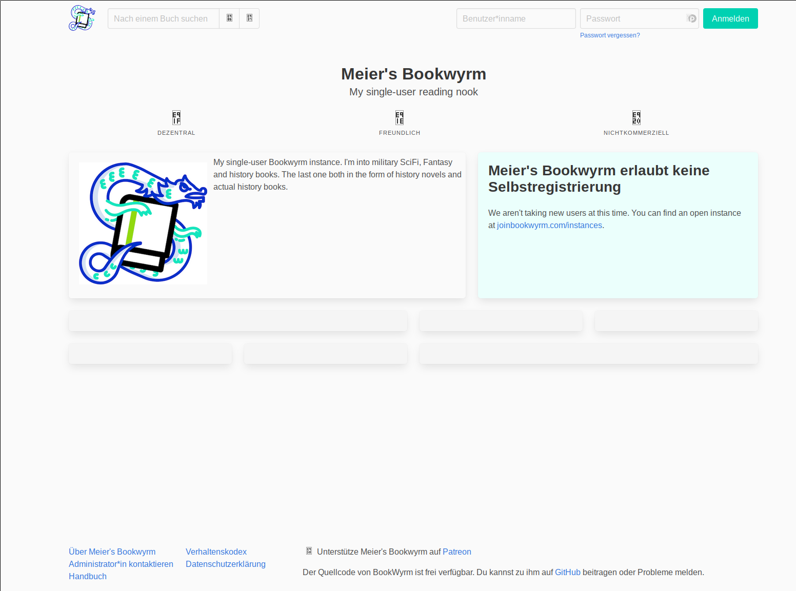 A screenshot of the homepage of my Bookwyrm instance. This time, there's definitely some styling present. But notably, some font issues are visible, with only the glyphs with the Unicode numbers showing, not the actual symbols.