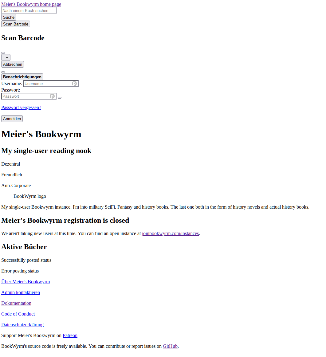 A screenshot of the homepage of my Bookwyrm instance before logging in. It is a bit...minimal, shall we say. The only styling visible is the font size of headings and the fact that those are written in bold, and the fact that links have the typical link coloring. Everything, including text boxes for username/password entry, is completely unstyled. And everything is squished on the left side of the page.
