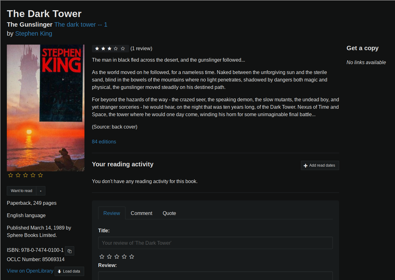 A screenshot of the Bookwyrm book page for Stephen King's The Dark Tower.