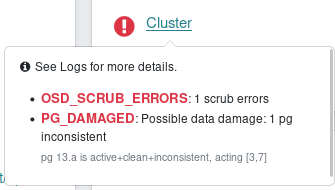 A screenshot of Ceph's web dashboard. It shows a Ceph error, namely an OSD_SCRUB_ERROR and a PG_DAMAGED error. It shows that the Ceph PG 13.a is inconsistent.