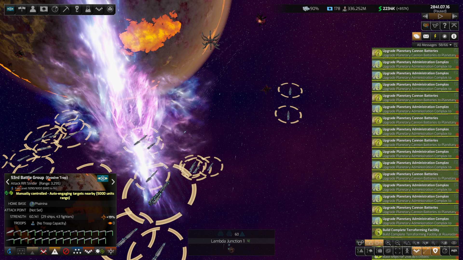 Another ingame screenshot. The interface is pretty much the same, with two differences: This time I remembered to actually select something, so the selected item area in the bottom left is now filled, with information about the '53rd Battle Group', the currently selected fleet. The info window contains information about its home base, its strength and size, the troops aboard, and at the bottom, two rows of symbols showing individual ships, their fuel status and their damage status. Below that is a row of buttons to configure the fleet, e.g. setting its tactics and fleet template, setting the army template and its current automation level. The other main difference when it comes to the UI is the message area on the left of the screen, which is now full from top to bottom with proposals from my advisors. They're all proposals to either upgrade the Planetary Administration Complex or the Planetary Cannon Batteries on a large number of planets. The main area, instead of an overview with symbols, now shows the scenes of a space battle. In the center is a large...energy rift? Cloud of violet energy? I'm genuinely sorry, but my ability is deserting me right now. :-/ Arrayed around that cloud are the 29 warships of the 53rd Battle Group, made up of large and small warships. They're firing hundreds of missiles in the direction of what I can only describe as an oversized starfish which went over to the dark side, with the carcasses of two more floating closer to the fleet.