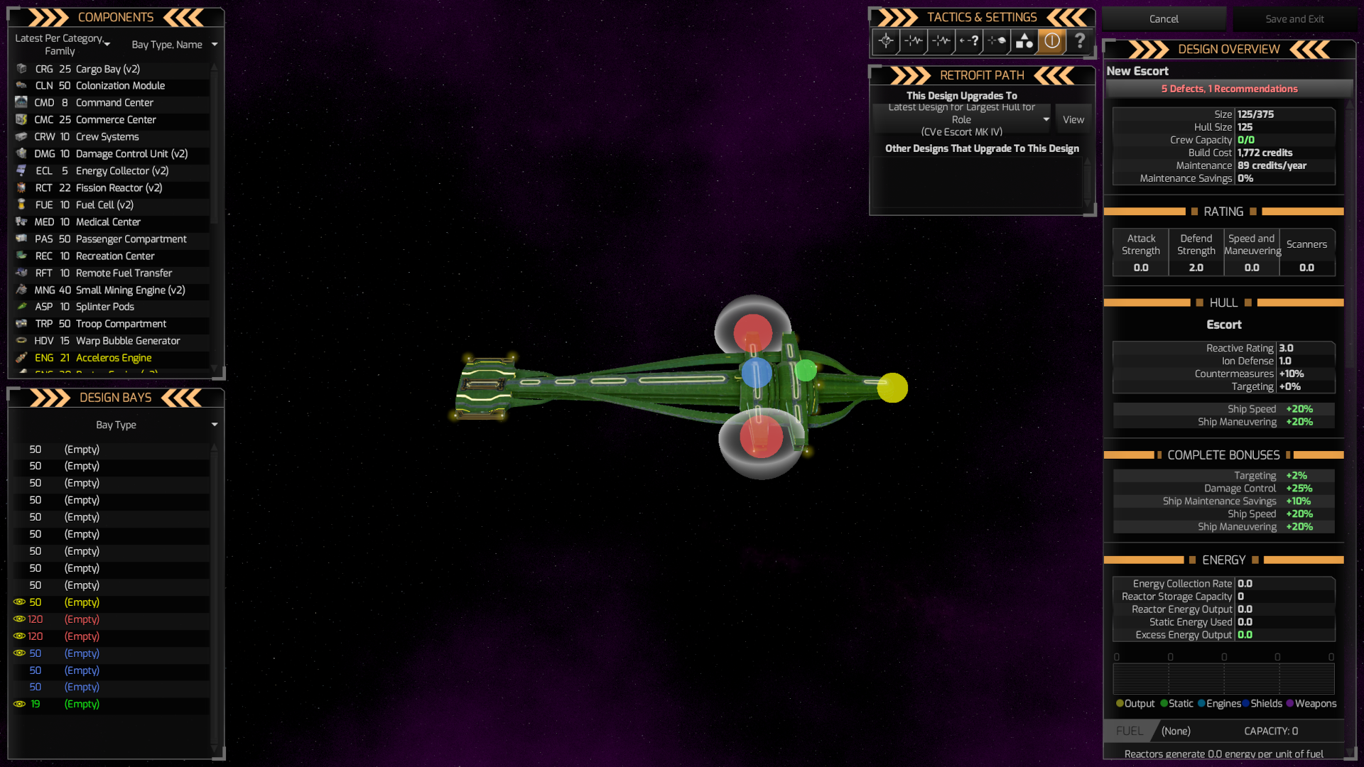 A screenshot of the ship design screen, but this time with another ship. It looks a lot more light, and has a hammer head at the front. It also has a number of differences compared to the previous ship. There are two fewer engine bays, but one more protection bay. And the two weapons bays are larger, both at 120, instead of 39 and 19. The positioning on the hull is also different, with the two gun emplacements on the flanks with a 180 degree firing arc pointed towards the sides, not the front.