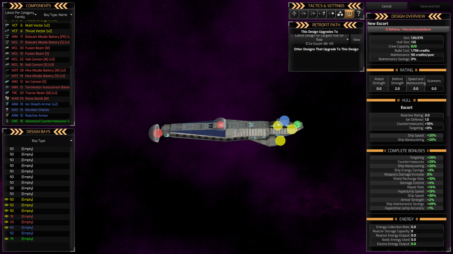A screenshot of DW2's ship design screen. On the left is a list of components, showing things like Fusion Beam in Small and Medium variants, Hail Cannons, Meridian Shields, Reactive Armor, Advanced Countermeasures, Thrust Vector Engines. Below it is the Design Bays list. IT shows nine generic bays, three engine bays, two weapons bays, two protection bays and one electronics bay. All of them are empty. Each of the bays has a number next to it, '50' for most of them. Only the electronics bay shows 19 instead, and one of the weapons bays has a size of 19 as well, and the other a size of 39. In the center of the screen is the ship itself, overlaid with the different bays. At the rear of the ship are the three yellow drive bays as well as the single green electronics and the two blue protection bays. One of the red weapons bays is shown at the top of the ship, towards its center, and the other one is in the very front. Both weapons bays show globes around them. The bay on top has a 270 degree radius, while the one in front has a 180 degree one. On the right of the screen first comes the ship behavior configuration buttons, allowing configuration of e.g. the behavior when meeting a superior enemy. Below that is the upgrade control I will describe further down below. On the very right is another window with general ship information. It shows the total and used sizes, crew capacity, build and maintenance costs, attack/defense/speed/scanner ratings, bonuses like ship speed, and then energy consumption and production.