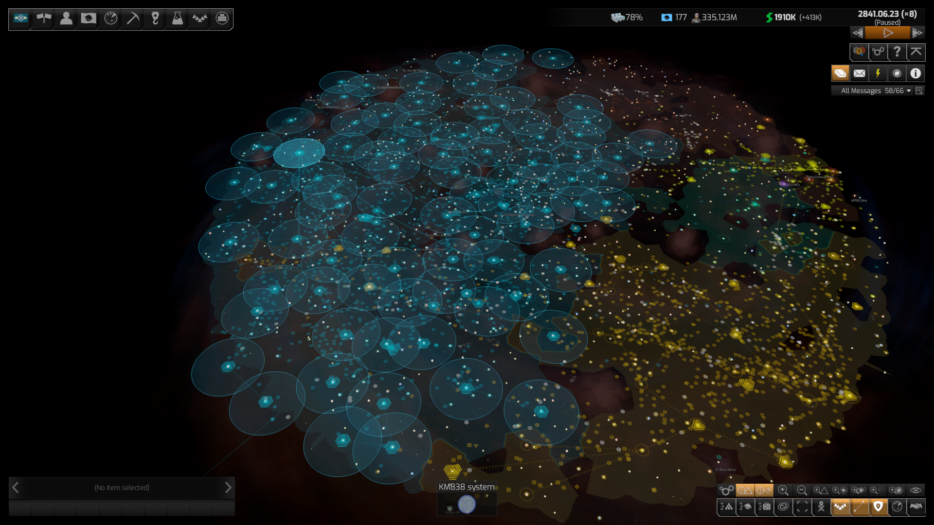 Another screenshot of the zoomed out galaxy, the entire western half covered in my empires color. In comparison to previous screenshots, it's now overlayed with additional circles, each centered on a colonized planet, with a fleet sitting in the center for most of them.