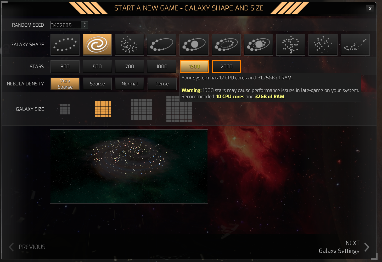 A screenshot of the galaxy generation settings screen. At the top, it allows entering a random seed for the generation. Next come the possible shapes, ranging from rings, to spirals, to rings plus core, to differently sized clusters of stars. Then comes the config for the number of stars, ranging from 300 to 2000. The 1500 and 3000 options have a red border around them. The 1500 option is currently chosen, and a popup text reads: 'You system has 12 CPU cores and 32 GB of RAM. Warning: 1500 stars may cause performance issues in late-game on your system. Recommended: 10 cores and 32 GB of RAM.' Next comes the nebula density, ranging from very sparse to dense. Finally is the galaxy sizes, in sectors, not numbers of stars. This option determines how spread out the stars are, how much volume the entire galaxy has.