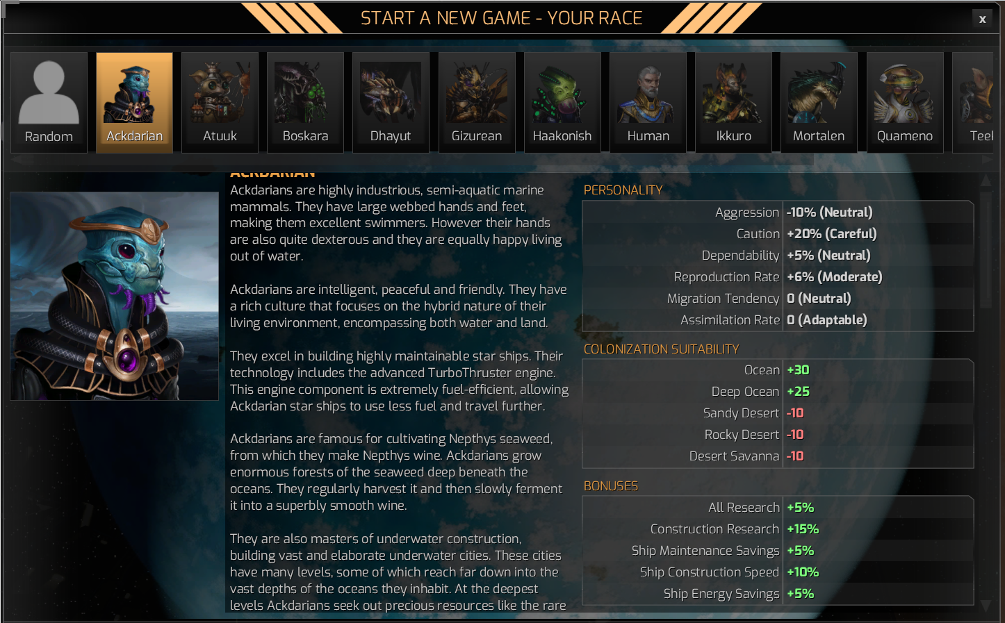 A screenshot of the race selection screen. The top shows portraits of the different races you can chose, ranging from the aquatic-looking Ackdarian over the insectoid Gizurean to the reptilian Mortalen. The Ackdarian are currently selected, showing a bit of flavor text about them, and their in-game characteristics. I describe those in the main text below.