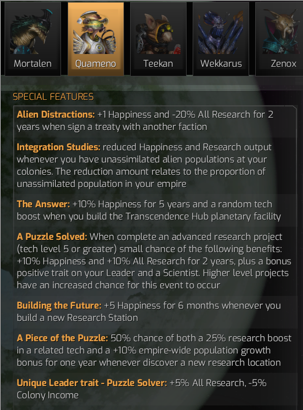 A screenshot of the special features part of the race description for the Quameno. A full listing of the features shown in the screenshot can be found in the 'details' element right after this figure. This screenshot is only intended as a summary, and the details aren't important for the rest of the blog post, but might still be interesting to read to get a feeling for these special features.