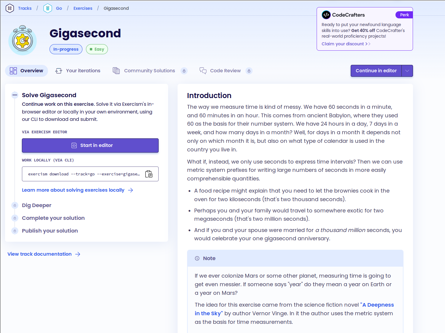 A screenshot of the page for the 'Gigasecond' exercise. On the left, it shows the steps for working with the exercise, starting with 'Solve Gigasecond'. Below it is a button to solve it in the online editor, and below that is a field showing the exercism CLI command to download the exercise for local solving. Afterwards, still locked with a padlock symbol, come the follow-up steps of 'Dig deeper', 'Complete your solution' and 'Publish your solution'. On the right is the introduction describing the exercise and what needs to be done. See the link in the main text.