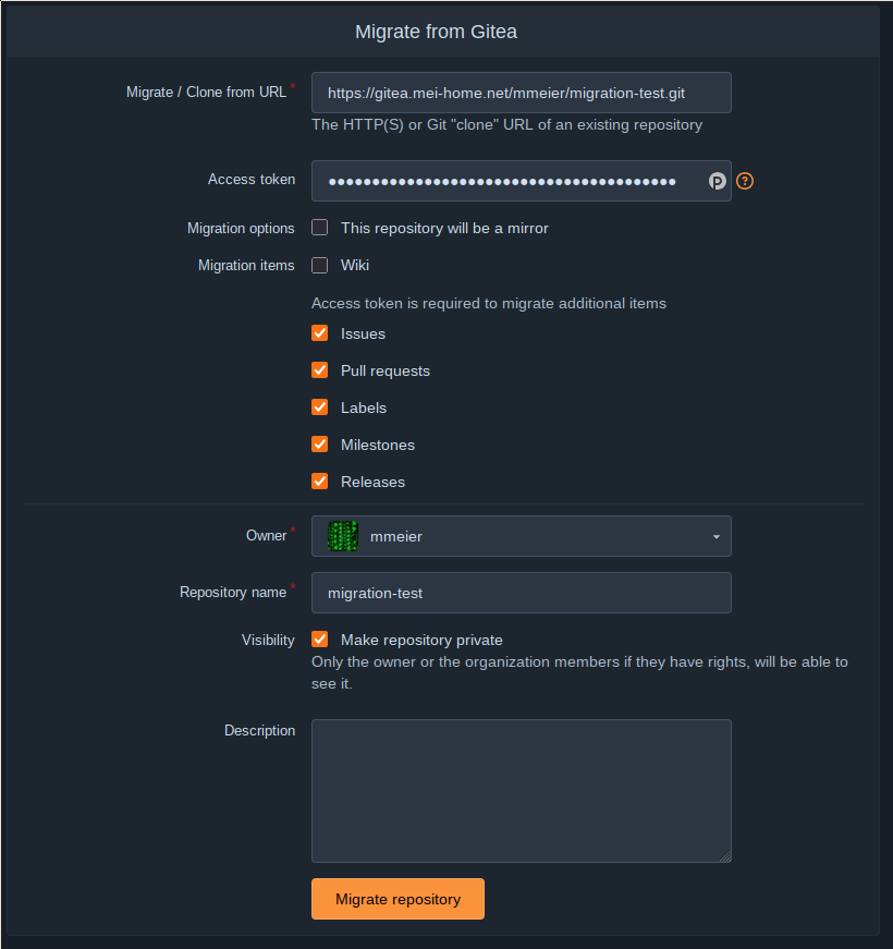 A screenshot of Forgejo's repo migration form for migrating a repo from Gitea to Forgejo. The first field is labeled 'Migrate / Clone from URL' and has the value 'https://gitea.mei-home.net/mmeier/migration-test.git'. Next comes a field labeled 'Access token', which is starred out here. Then come a couple of checkboxes for migration options. The first one is 'this repository will be a mirror', which is left unchecked. Then comes 'Wiki', also unchecked. Then follow a couple of additional repository features Gitea provides, all of them are checked in the screenshot: 'Issues', 'Pull requests', 'Labels', 'Milestones', 'Releases'. Then comes the next section with the configuration of where exactly the repo should be migrated to. The first field is a drop down labeled 'Owner'. The chosen value here is 'mmeier'. Next is the 'Repository name' field, chosen here as 'migration-test'. Then a checkbox marked 'Make repository private' is checked. A text box labeled 'Description' is left empty. At the very bottom sits a button labeled 'Migrate repository'.