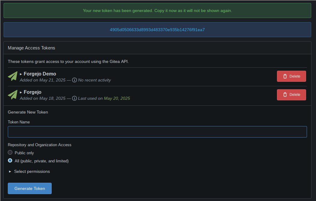 Another screenshot of the token management UI. Now, there is a notice at the top, with a green background, reading 'Your new token has been generated. Copy it now as it will not be shown again.'. Below that is another notice with a blue background containing a random string of numbers and letters.