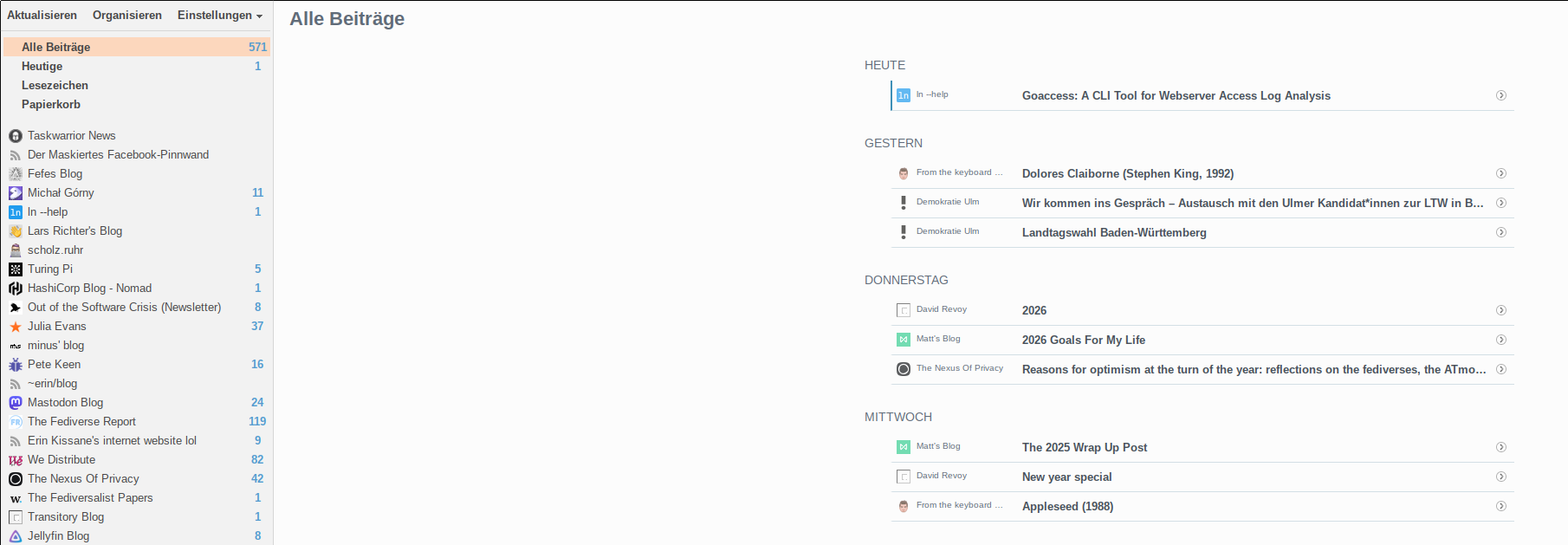 A screenshot of Brief's UI. On the left is the menu, with options for configuration, updating feeds and so on. Below that are menu entries for different views, showing all posts, only today's, bookmarked posts or trashed posts. Below that are all the blogs I'm subscribed to, ranging from my own blog, over some corporate blogs like Turing Pi's to those of friends and acquaintances from the Fediverse. To the right of that menu are the current posts, divided into sections by publishing date. It's overall a very simple UI. The list of current posts only shows the headlines, no content.