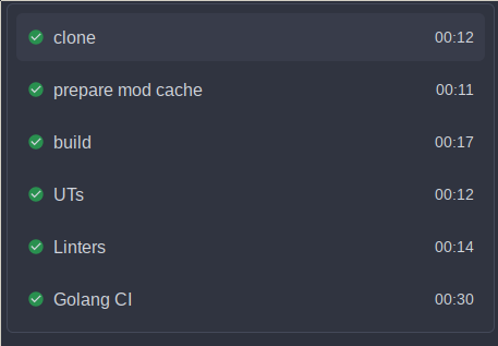 One more screenshot of the Woodpecker UI, this time showing considerably more steps. Clone now takes 12 seconds, prepare mod cache takes 11, the build uses 17 seconds, the UTs take 12 seconds, the linters step 14 and finally, the Golang CI steps uses a whole 30 seconds.