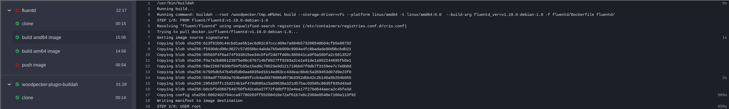 Another screenshot of the Woodpecker UI, showing the same Fluentd build as before. This time, the amd64 and arm64 image build steps only took 15:06 and 14:56 respectively. The push image step still failed. The relative timestamp on the right now shows that the 'USER root' step of the Dockerfile started after 659 seconds this time.