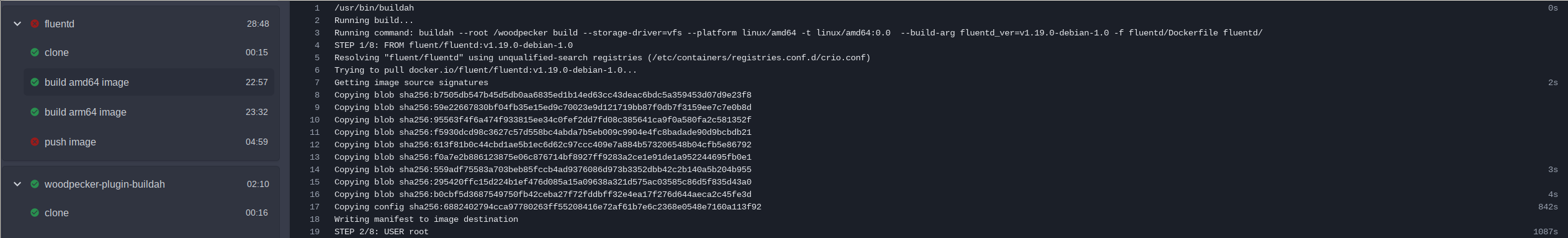 A screenshot of Woodpecker's CI run UI. On the left, it shows the Fluentd build and its steps. The clone steps finishes in 15s, but the two build steps for amd64 and arm64 take 22:57 and 23:32 respectively. The final 'push image' steps takes 04:49 minutes and failed. To the right are some logs of the adm64 image build, showing the executed buildah command and the initial pull of the fluentd/fluentd:v1.19.0-debian-1.0 image. To the very right of the output, a relative timestamp shows that the first step after the image pull, 'USER root', happens 1087s after the start of the step's run.