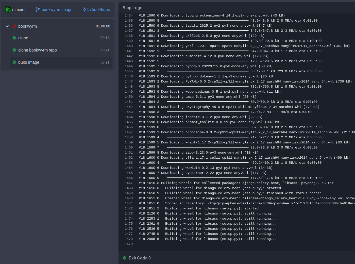 A screenshot of Woodpecker's CI run UI. It shows that the commit being build is from the 'bookwyrm-image' branch. There are three steps in the pipeline: clone, clone Bookwyrm repo and build image. All three are seemingly successful, with clone taking 16 seconds, clone bookwyrm repo clocking in at 21s and build image taking 59:21. The overall workflow takes exactly 1h and is red. On the right is the build log for the image, showing a pip invocation. The last few lines indicate the build of the Python wheel for libsass, showing a lot of 'still running...' outputs. The timestamps indicate that by the time of the timeout, the build was running for 21 minutes.