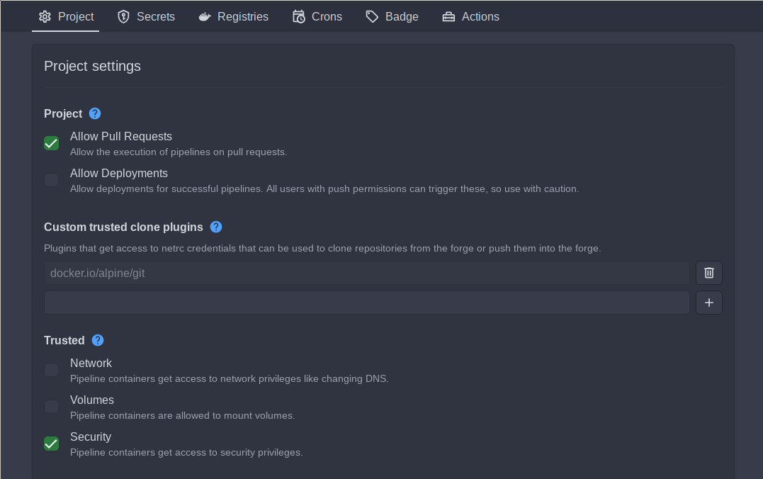 A screenshot of Woodpecker's project settings page. It shows the 'Project' tab being selected. Under the 'Trusted' heading, the 'Security' option checkbox is checked. The 'Network' and 'Volumes' options are left unchecked.