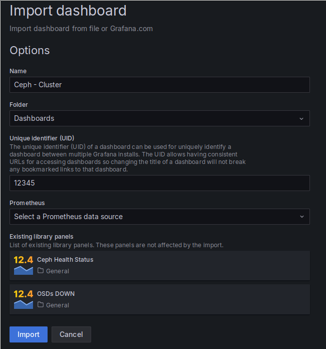 A screenshot of Grafana's dashboard import UI. It contains the name of the dashboard, the unique identifier and dropdowns for choosing the folder to put the imported dashboard and selecting the Prometheus data source which should be used. In the lower part, it shows the heading 'Existing library panels', with two panels named 'Ceph Health Status' and 'OSDs DOWN'.