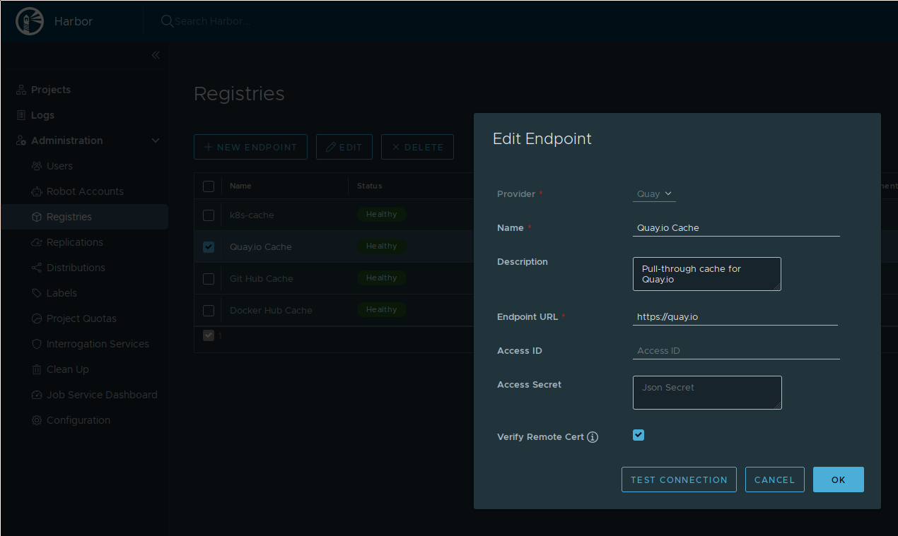 A screenshot of the 'New Registry Endpoint' dialogue in Harbor. In the menu on the left, the entry 'Registries' is chosen, and then the button 'NEW ENDPOINT' was clicked. The dialogue itself has the 'Provider' dropdown filled with 'Quay'. The name is given as 'Quay.io Cache' and the 'Endpoint URL' as 'https://quay.io'.