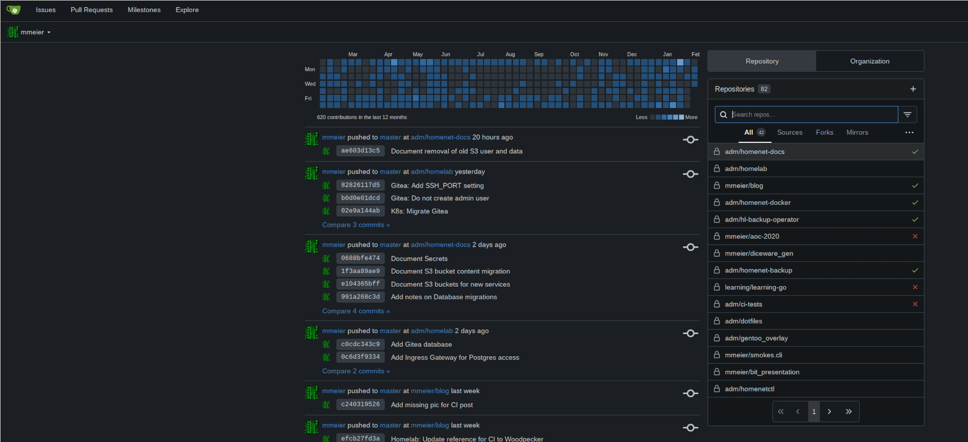 A screenshot of the Gitea home page for a logged in user. At the top is a heat map, similar to the one on GitHub's user profile page. It shows a brighter color for days with a lot of activity, and a lighter color for days with less activity. It shows a full year's worth of activity, showing one colored box per day, with columns for weeks and rows for days of the week. My activity shows almost all weekend days with activity, while the winter months also show lots of activity on workdays. Below the heat map is an activity feed, showing activities from the last couple of days, like pushes to different repositories. Most of them are to the adm/homelab and mmeier/blog repository. On the right side is a list of repositories, showing ones like 'adm/homenet-docs', 'mmeier/smokes.cli' or 'learning/learning-go'. Next to some of them is a green check mark or a red cross, indicating the state of the last CI pipeline.
