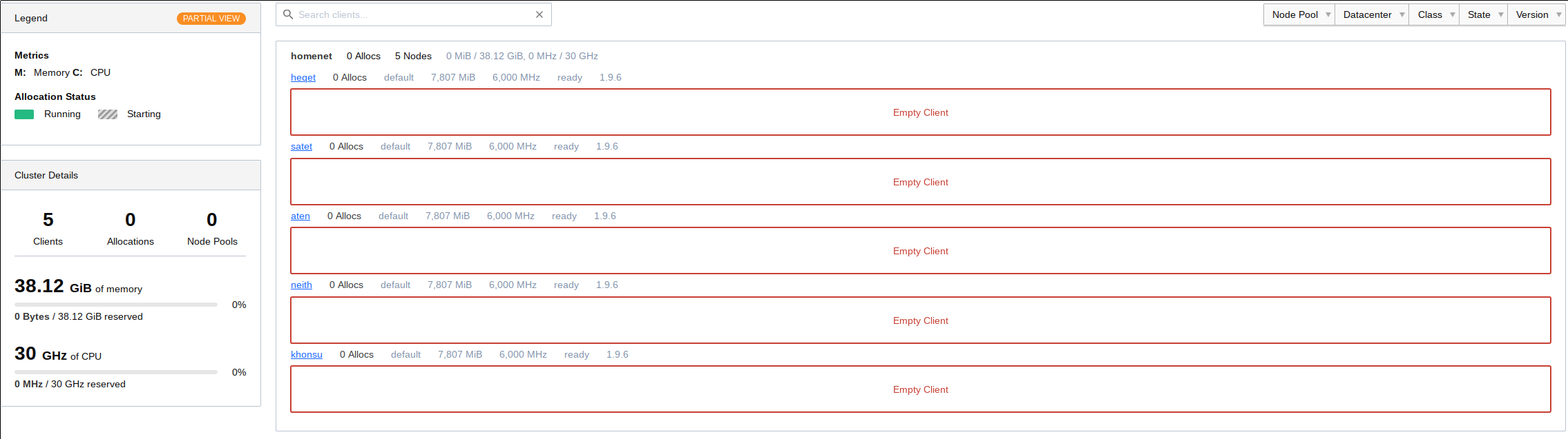A screenshot of Nomads topology Web UI. It shows the same cluster, but now with only five instead of nine clients. The list of allocations assigned to hosts now only shows 'Empty client' for the remaining clients.