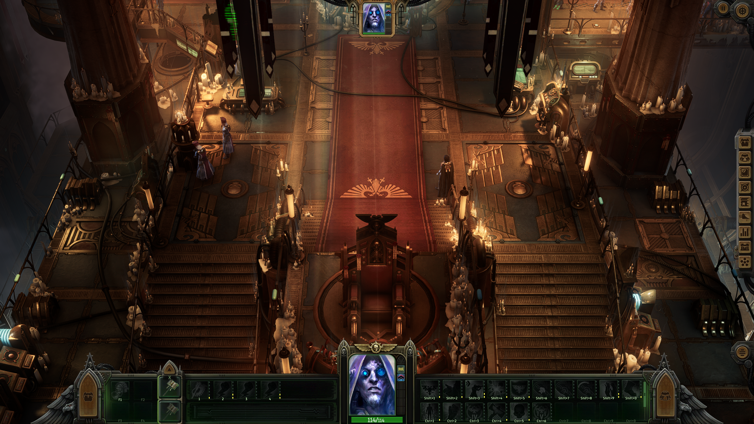 An ingame screenshot of Rogue Trader. At the center of the screen is a golden throne on a raised platform, with steps leading up to it in a heavy-looking red carpet, which has the imperial aquila at both ends. To the left and right of the command throne, steps lead down to a lower level. On the left and right of the screen, high columns are reaching beyond the bounds of the screen. Metallic-looking consoles are strewn all over the place, and so are shielded cables. And there are candles absolutely everywhere. Banners are handing from the rafters. Everything is bathed in a light, golden light, with many shadows lurking all over the place. The uncovered ground is not just simple metal plates, but contains intricate designs and skulls in gold. I'm really not doing a good job of describing this, and why I find it gorgeous. Perhaps a comparison: Did you ever have the bridge of a Starfleet ship from Star Trek described to you? With its extremely bland, but highly functional design? This is the exact opposite. The Warhammer 40k aesthetic can only be called baroque and gothic. Where a Starfleet bridge is austere, this bridge is positively ornate.