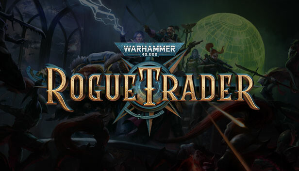 The Rogue Trader Logo over a combat scene. In the background, a number of the possible companions can be seen in a battle scene, defending again Drukhari attackers on a starship, with the typical Warhammer 40k high gothic windows in the background. The visible companions are a space marine, a Navigator, a Psyker and an Eldari sniper. Over that background, the Warhammer 40k logo in stenciled steeled is followed by the Rogue Trader name.