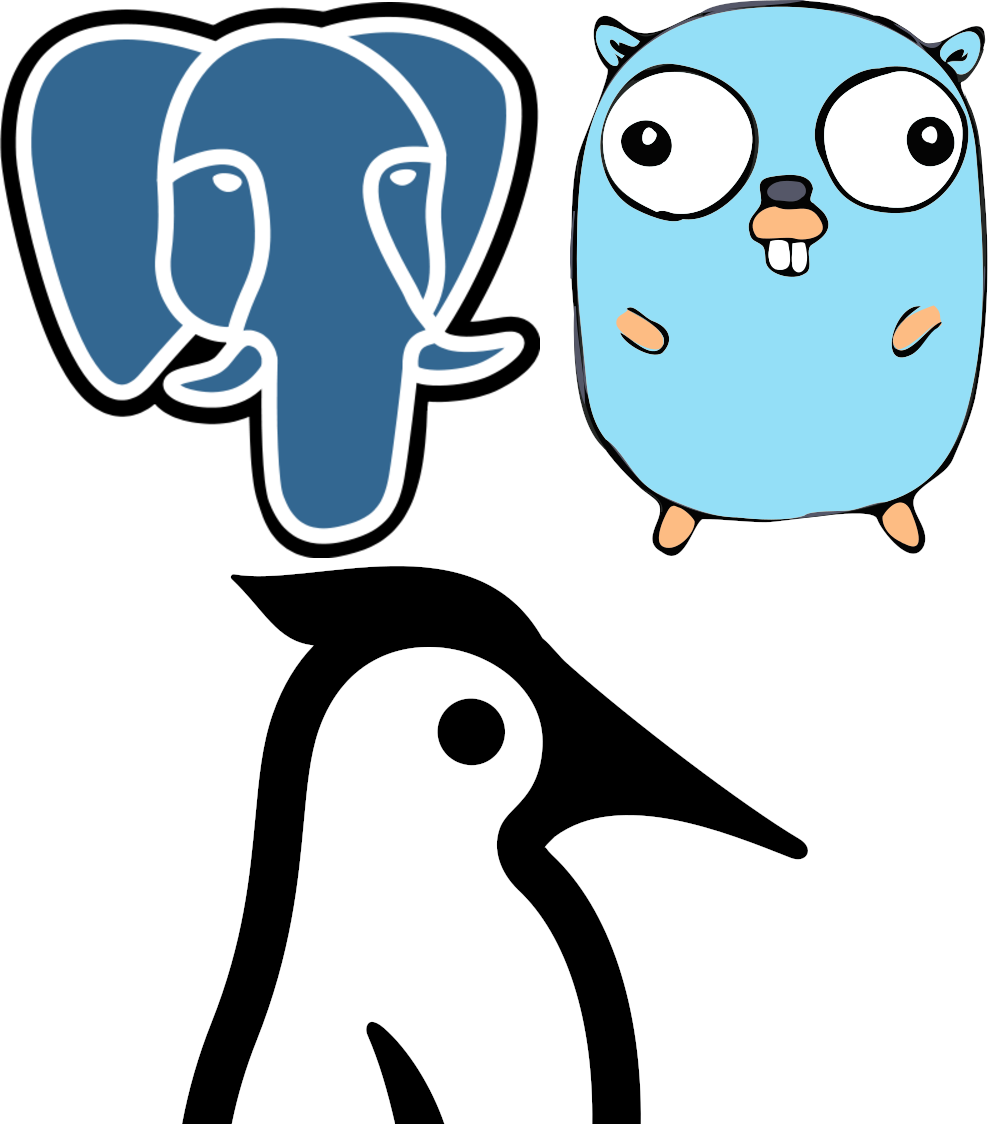 A picture with the logos of three projects: The Golang gopher, the PostgreSQL elephant and the WoodpeckerCI woodpecker. The Golang gopher is pretty goofy looking, showing two large front teeth in a small mouth, tiny ears and two large eyes. The Postgres elephant is a stylized front view of an elephant, including tusks and a large trunk. finally, the WoodpeckerCI woodpecker is more of an outline of the namesake bird.