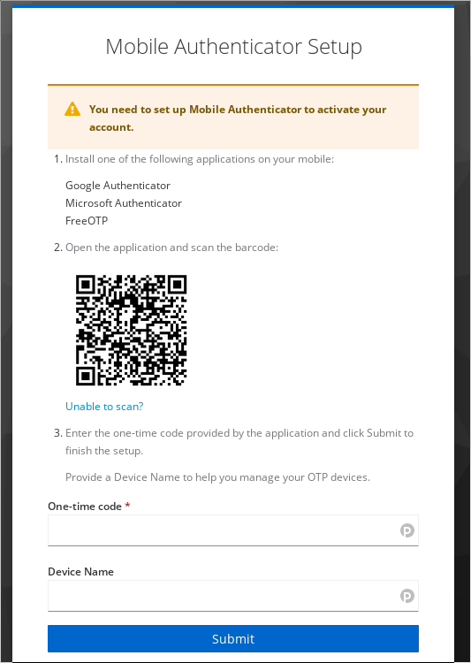 A screenshot of the Keycloak mobile auth page. It instructs the user to scan the displayed QR code and then to enter the one-time code provided by the application and click the submit button at the bottom.