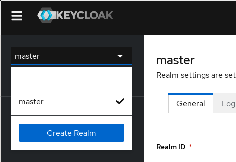 A screenshot of the Keycloak realm page for the Master realm. It shows the realm choice drop-down, with the Master realm shown as the only choice, and the Create Realm button at the bottom.