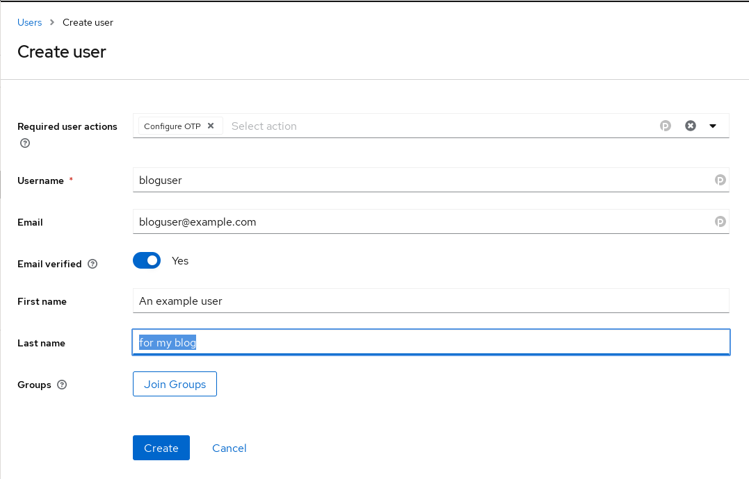 A screenshot of the Keycloak new user page. In the required actions form field, the 'Configure OTP' action is given.