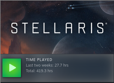A screenshot of the Stellaris entry in my Steam library, with 419 hours total played and 27 hours in the past two weeks.