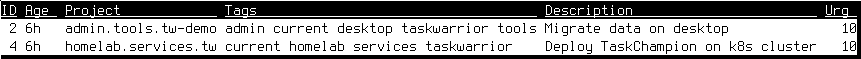 Again a task list, but this time only the previously top two tasks are shown, the ones without dependencies: 'Migrate data on desktop' and 'Deploy TaskChampion' on k8s cluster.
