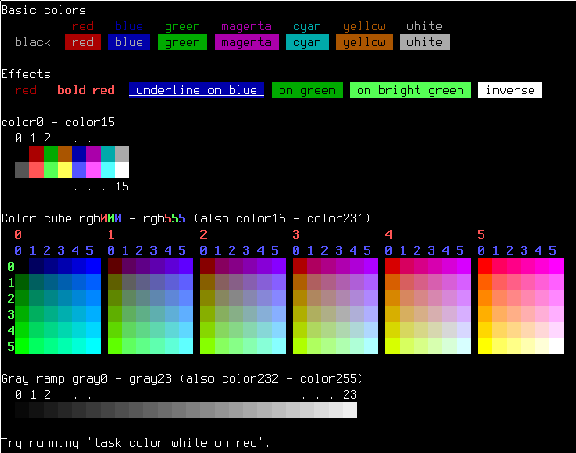 A screenshot of Taskwarrior's color chart. It shows the effects available for coloring TW's output, ranging from effects like underlining or bolding over changing the background color to a 215 color grid for the font and background colors. At the bottom is also a gray-scale.