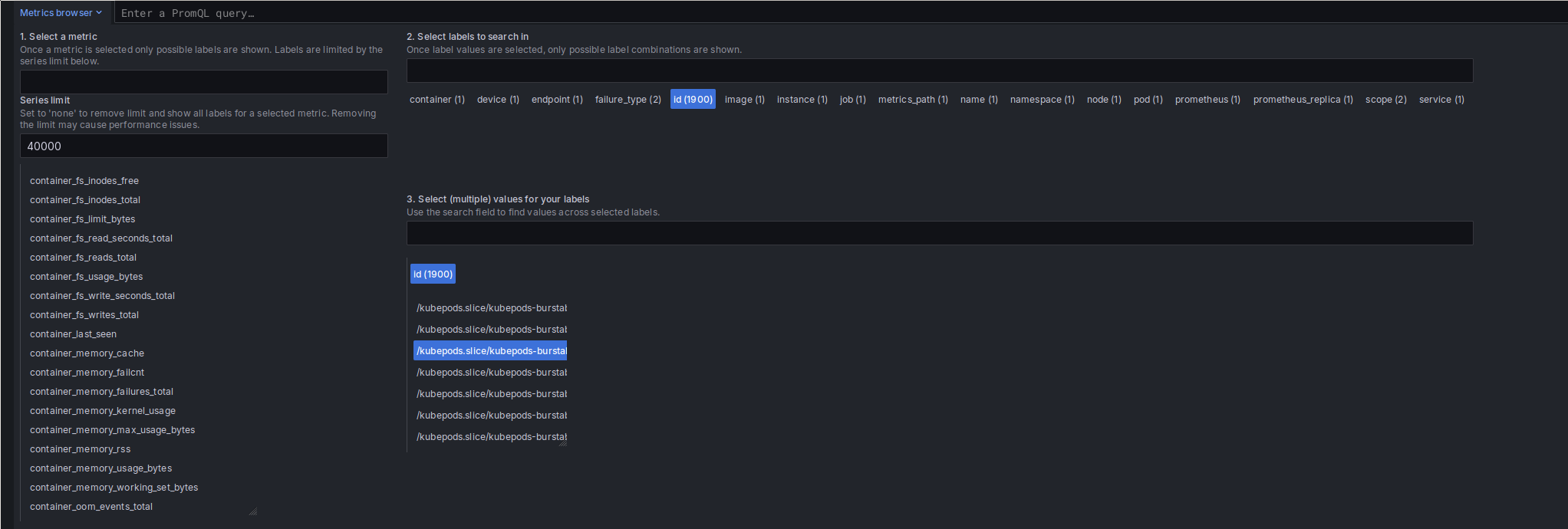 A screenshot of Grafana's explore tab, with the metrics browser open. It shows several selection fields, one of them for labels. The label 'id' is chosen, showing that it has 1900 values. A list of those values is also shown, where a random one is currently chosen, starting with '/kubepods.slice/kubepods-burst...'. On the left side is another list with all of the metrics which have that label+value combination. All of them starting with 'container_', and then a lot of different container metrics like 'fs_writes_total'.