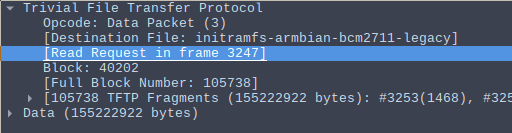 A screenshot of a Wireshark packet output. It shows the end of the transfer, with a total of 105738 TFTP fragments and 155222922 bytes of data, exactly the same number as the tsize option from the start of the transmission. It also shows the actual block number as 40202.