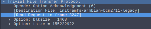 A screenshot of a Wireshark packet output. It shows the TFTP content of the packet. The destination file is named as 'initramfs-armbian-bcm2711-legacy', the blksize option is 1468 and the tsize is 155222922 bytes.