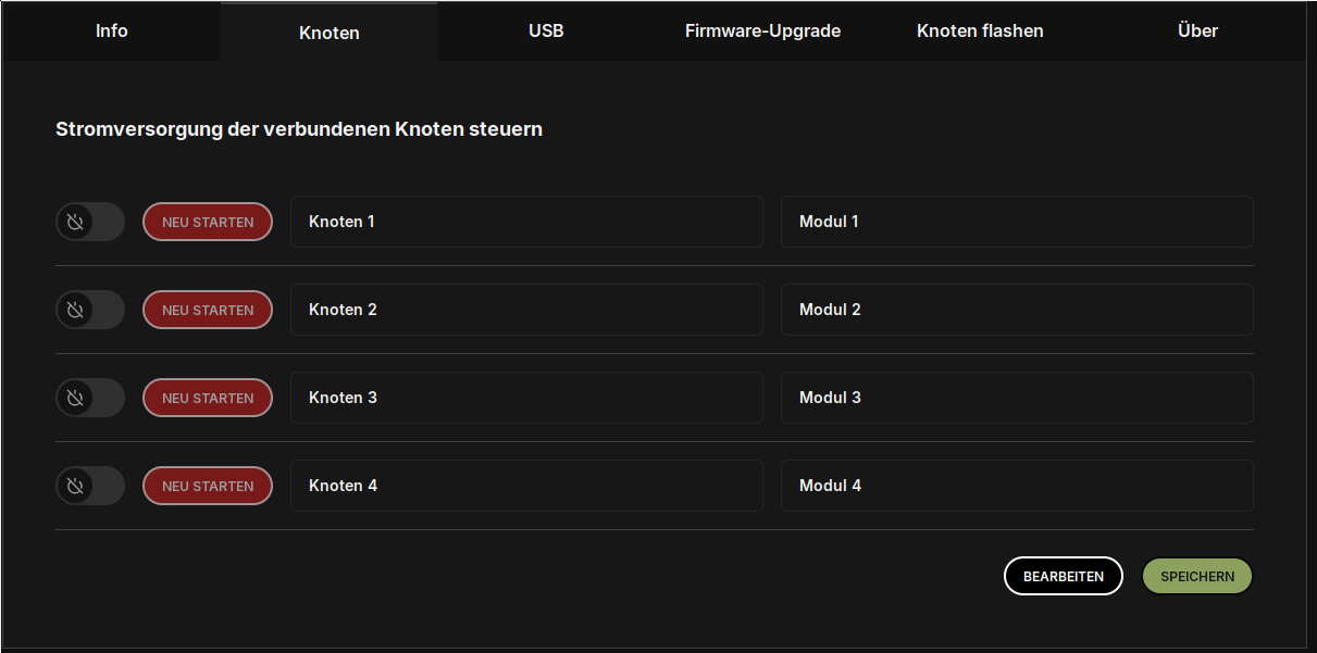 Another screenshot of a similar page. the theme is now dark. Each node has two additional fields the user can set, one for the node name and one for the node module type. In addition to the previously present power toggle, there's now also a restart button. Also in contrast to the previous version, the UI is now labeled in German.