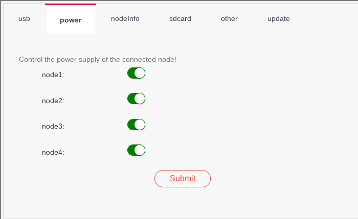 A screenshot of the old Turing Pi 2 web UI's power tab. It shows four selector switches for turning power on and off for each node and a Submit button at the bottom.